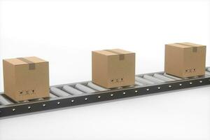 scatole in movimento su il trasportatore cintura, 3d resa. foto