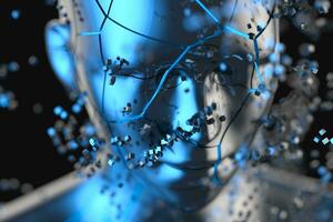 blu metallo umano testa con particelle, 3d resa. foto
