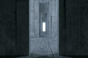 buio camera con un' raggiante e luminosa porta, 3d resa. foto