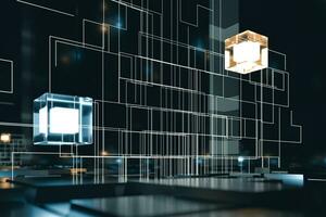 raggiante cubi con circuito Linee con buio sfondo, 3d resa. foto