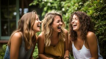 tre giovane donne amiche seduta insieme ridendo di il ultimo pettegolezzo, ai generativo foto