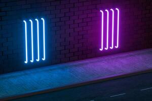 il raggiante neon con mattone parete sfondo, 3d resa. foto