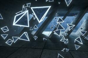 3d rendering, raggiante Magia triangoli nel abbandonato camera, buio sfondo foto