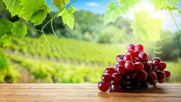 di legno tavolo con fresco rosso uva e gratuito spazio su natura sfocato sfondo, vigneto campo. generato ai. foto