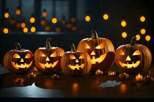 fotografia di un' raggiante zucca lanterna, suo tremolante leggero illuminante un' spaventoso Halloween notte celebrazione. foto