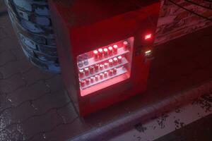 un' retrò strada con vending macchine su il lato di il strada a notte, 3d resa. foto