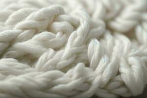 bianca di lana filato, in mostra suo intricato struttura e morbidezza. il filato è strettamente contorto e arrotolato. foto