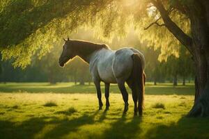 un' cavallo pascolo nel un' sereno prato, circondato di lussureggiante verde erba e colorato fiori selvatici. foto