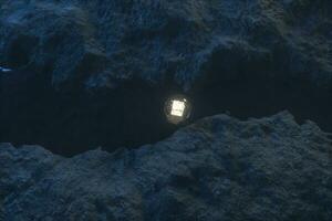il fluente lanterna nel il fiume fra il montagne a notte, 3d interpretazione foto