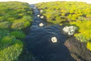 il fantasia lanterne nel il fiume fra montagne, 3d interpretazione foto