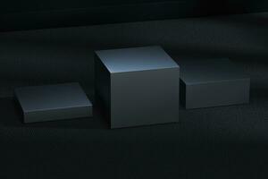 il metallo cubo piattaforma nel il buio camera, 3d interpretazione foto