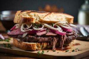 cibo fotografia di un' succoso Hamburger con croccante lattuga e fuso formaggio, perfettamente impilati fra Due tostato panini. foto