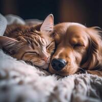 un' cane e gatto addormentato insieme su letto ai generativo foto