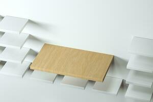 3d rendering, il di legno cubo piattaforma nel il bianca vuoto camera. foto