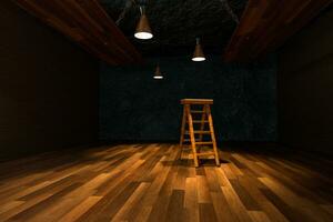 di legno cantina con scala e soffitto lampada dentro, Vintage ▾ magazzino, 3d resa. foto
