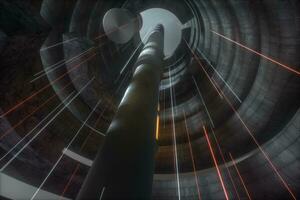 un abbandonato il giro tunnel edificio nel buio, con scena di scienza finzione, 3d resa. foto