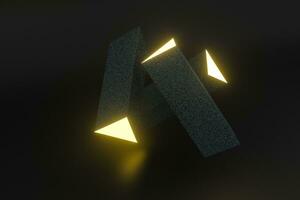 3d rendering, giallo raggiante triangolo pilastro con buio sfondo, foto