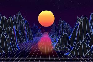 3d sfondo illustrazione ispirato di anni 80 scena synthwave e retroonda. foto