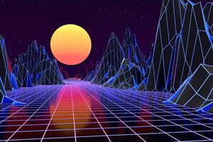 3d sfondo illustrazione ispirato di anni 80 scena synthwave e retroonda. foto