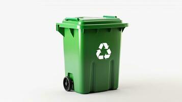 un' verde riciclare bidone con riciclare simbolo isolato su bianca sfondo. generativo ai foto