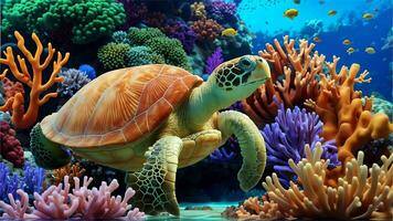 esplorando il vivace subacqueo mondo con tartarughe, colorato pesce, e corallo barriere ai generato foto