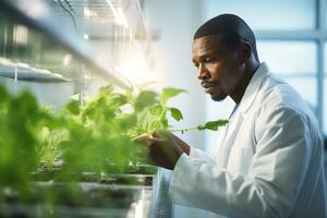africano americano botanico ispezionando impianti nel un' laboratorio utilizzando genetico ingegneria e coltura idroponica, moderno pianta scienza e biotecnologia ai generativo foto