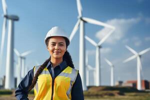 femmina ingegnere sta nel davanti di un' vento turbina campo, sostenibile energia, industria ai generativo foto