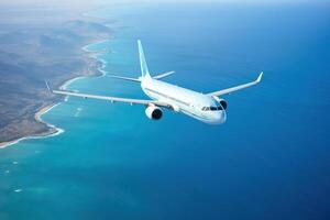 aereo Visualizza di un' passeggeri o carico Jet aereo volante al di sopra di il vasto blu oceano ai generativo foto