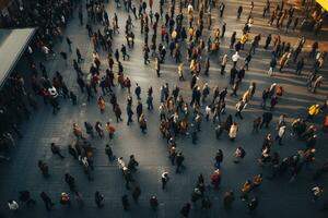 superiore Visualizza folla di persone a piedi su il strada ai generativo foto