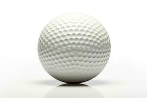 avvicinamento di un' incontaminato bianca golf palla isolato su un' bianca sfondo, sottolineando il fossette struttura ai generativo foto