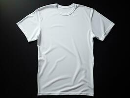 Prodotto finto su design di un' vuoto bianca maglietta su un' nero sfondo foto