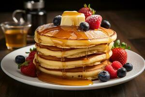 Pancakes piovigginato con sciroppo, sormontato con Burro, e guarnito con fresco frutti di bosco ai generativo foto