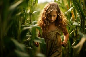 un' giovane ragazza esplorando un' Mais campo durante estate, in mostra innocenza e il bellezza di natura ai generativo foto