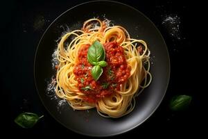 delizioso piatto di spaghetti con pomodoro salsa, superiore Visualizza, buio sfondo.ai generativo foto