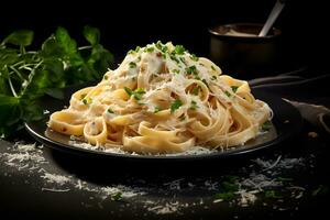 fettuccine Alfredo con parmigiano formaggio.ai generativo foto