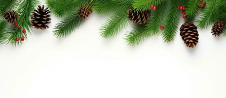 conifera rami Usato per creare un' Natale decorazione bianca sfondo superiore Visualizza foto
