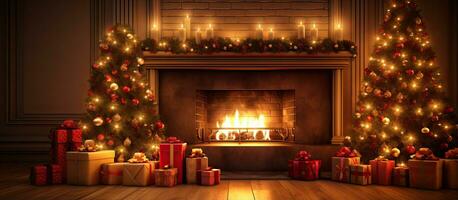digitale illustrazione di allegro Natale sfondo in mostra regalo Natale albero e camino nel un' decorato camera foto