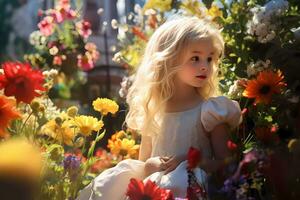 poco bionda ragazza nel all'aperto fiore giardino, con paesaggio pieno o fiori. luminosa e soleggiato giorno foto