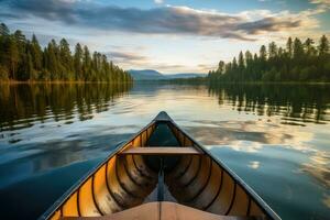 kayak su il lago nel il montagne a tramonto. Carelia, Russia, canoa su lago, ai generato foto