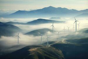 vento generatori azienda agricola nel montagne. rinnovabile energia. generativo ai foto
