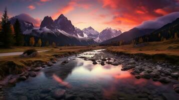 bellissimo paesaggio con alto fiume e rosso luce del sole nel Alba. creato con generativo ai foto