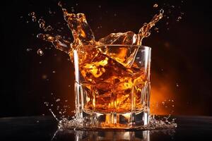 whisky è versato in bicchiere con spruzzata. whisky su rocce. ai generativo foto