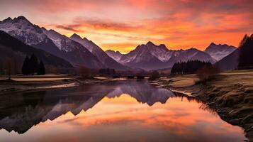 bellissimo paesaggio con alto fiume e rosso luce del sole nel Alba. creato con generativo ai foto