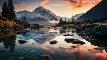 bellissimo paesaggio con alto fiume e rosso luce del sole nel Alba. creato con generativo ai foto