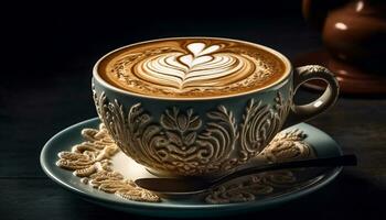 aromatico caffè tazza, schiumoso latte, cuore sagomato schiuma, rustico legna tavolo generato di ai foto