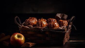 un' rustico fatti in casa buongustaio merenda buio cioccolato coperto frutta cestino generato di ai foto