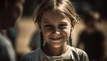 sorridente bambino godendo all'aperto, bonding con famiglia nel casuale capi di abbigliamento generato di ai foto