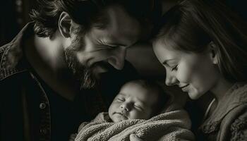 un' amorevole famiglia abbraccia loro carino neonato bambino insieme generato di ai foto