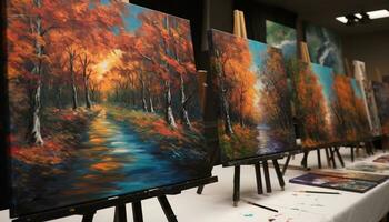 artista pittura un' luminosa, vivace autunno paesaggio su un cavalletto generato di ai foto