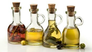 salutare cucinando olio nel un' trasparente bottiglia con fresco oliva generato di ai foto